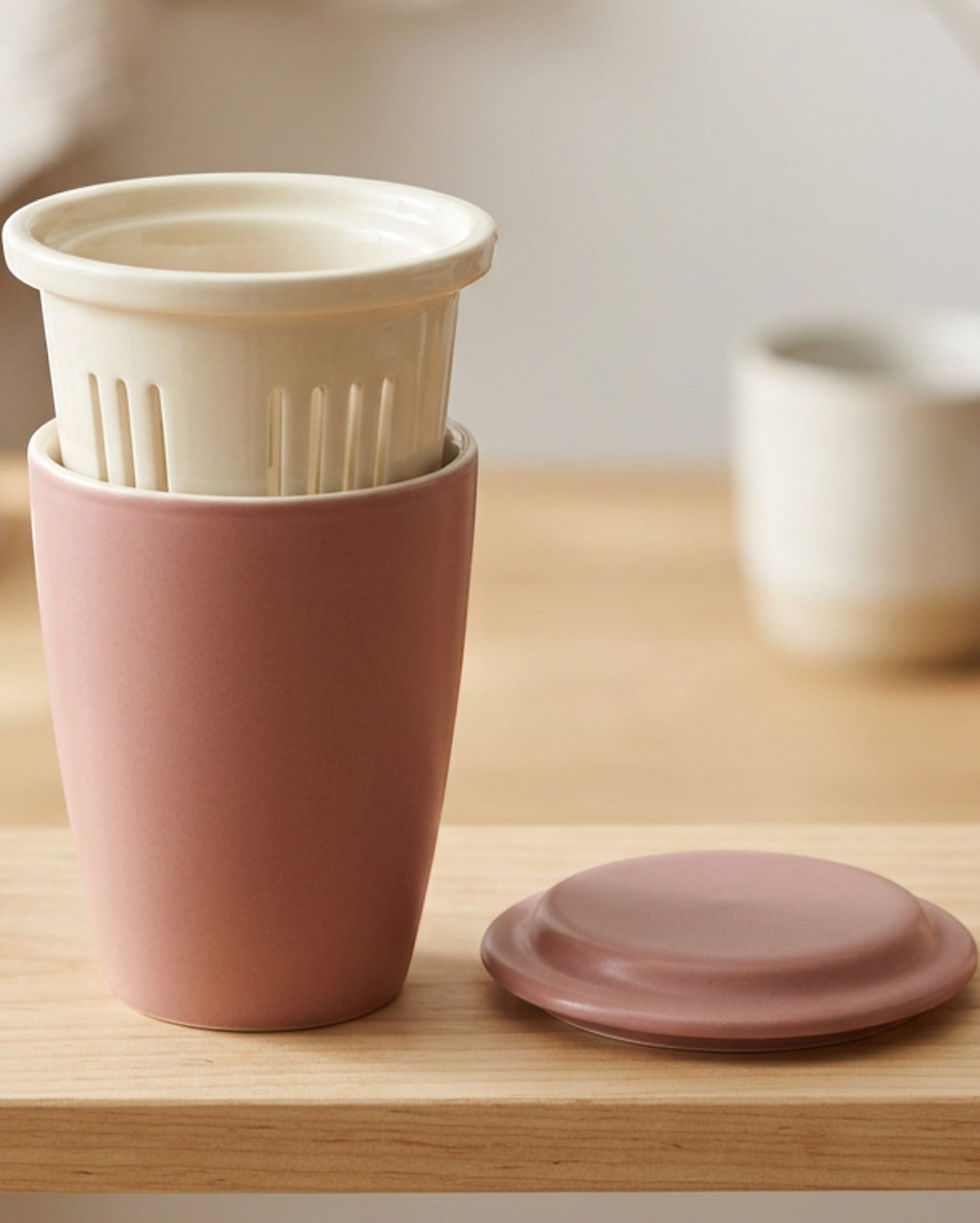 Korzy 15 oz Tapered Ceramic Tea Cup with Ceramic Infuser and Lid Dusty Rose - Lifestyle view