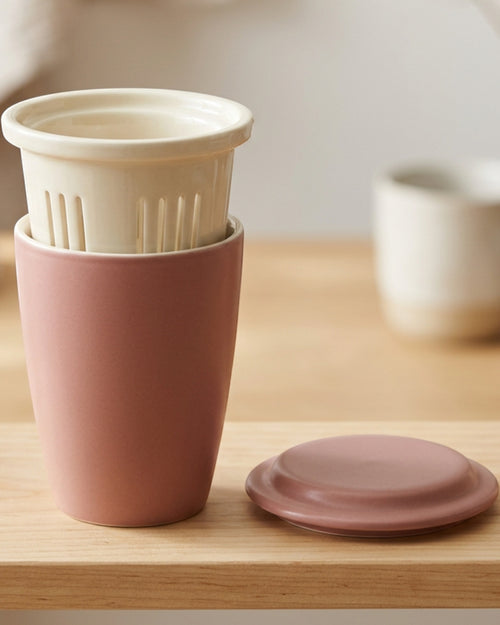 Korzy 15 oz Tapered Ceramic Tea Cup with Ceramic Infuser and Lid Dusty Rose - Lifestyle view