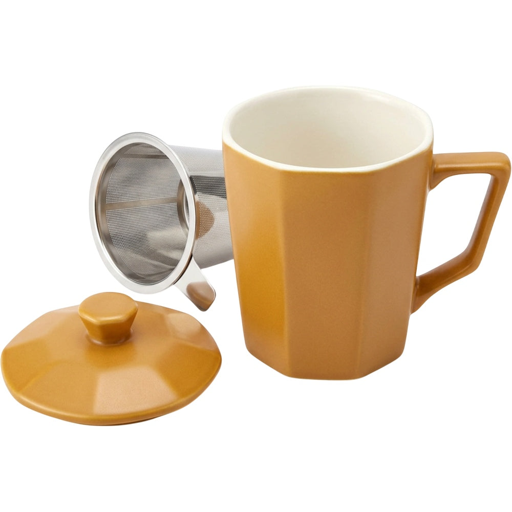Korzy 10 oz Faceted Ceramic Tea Mug with Mesh Infuser and Lid Ochre - Product view