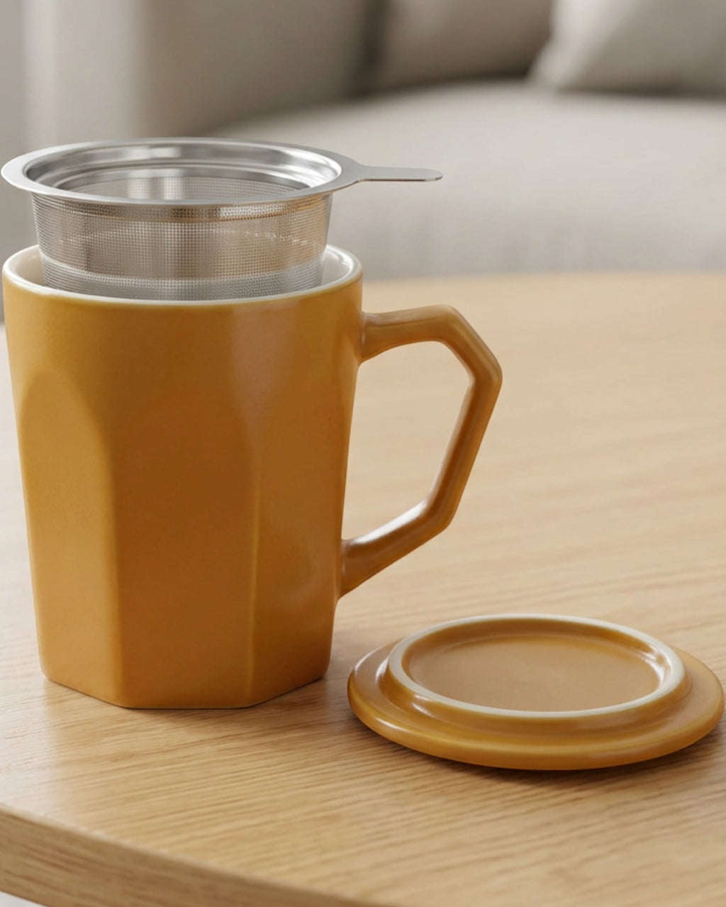 Korzy 10 oz Faceted Ceramic Tea Mug with Mesh Infuser and Lid Ochre - Lifestyle view