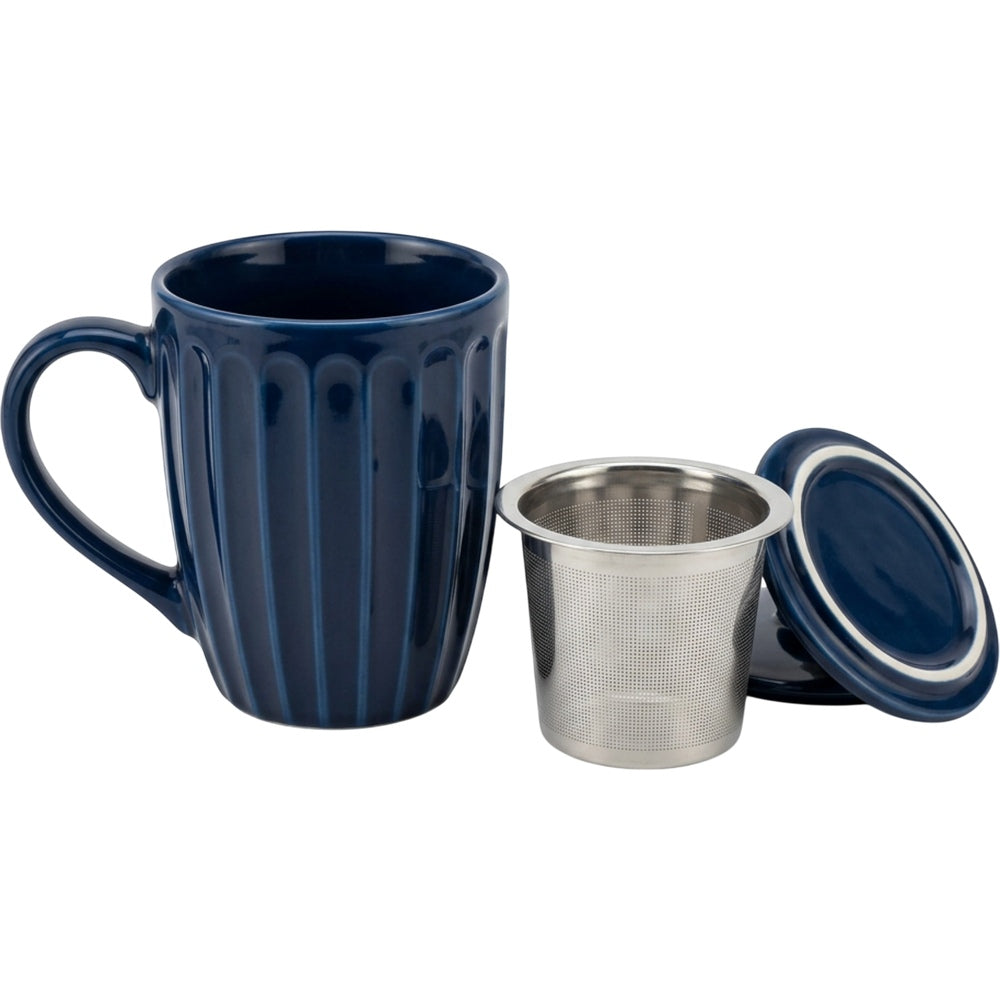 Korzy 12 oz Ribbed Ceramic Tea Mug with Steel Infuser and Lid Midnight Blue - Product view